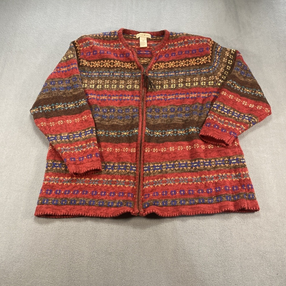 Vintage Mountain Lake Womens Front Zip Red Cardigan 2X Aztec Boho Fair Isle